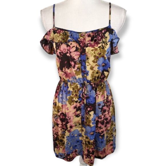 FULL TILT FLORAL PURPLE & CREAM RUFFLE DRESS SZ.M EUC - Picture 1 of 9